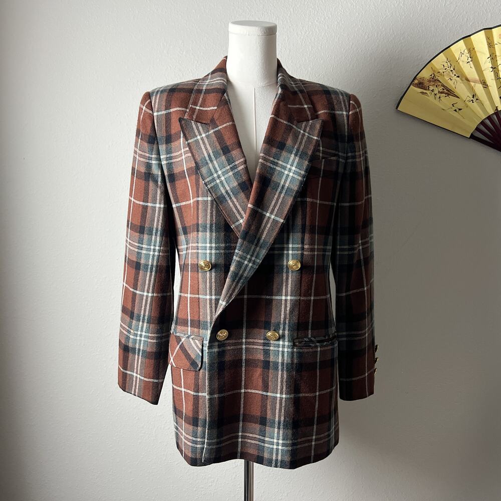 90s vintage brown wool plaid tartan preppy academia chic double breasted blazer